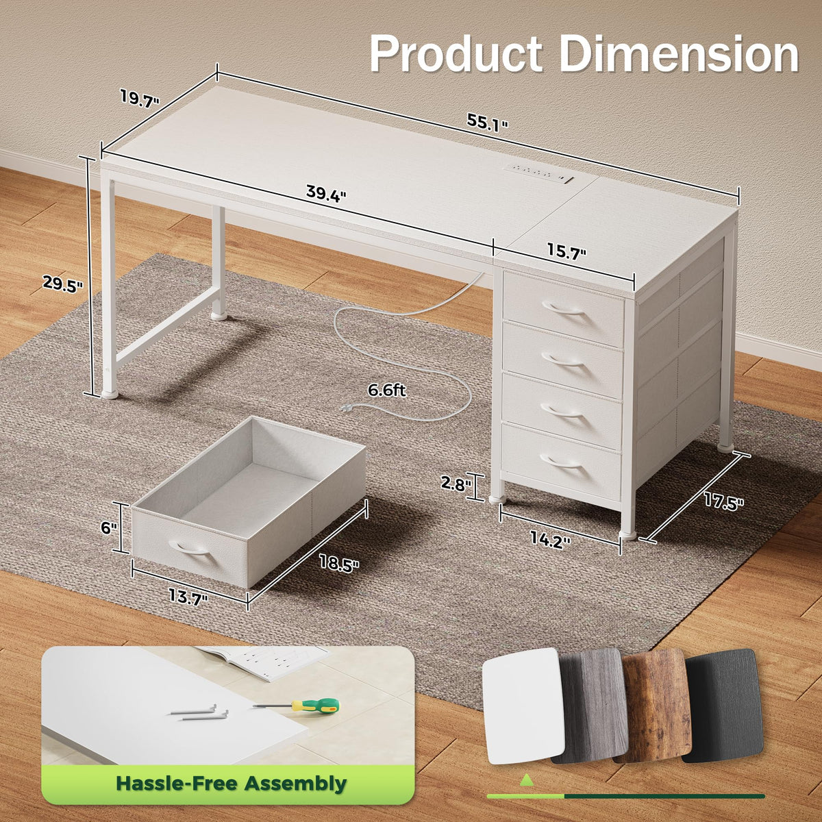 55.1 Inch White Desk with Power Outlets and USB-C Port Q335084
