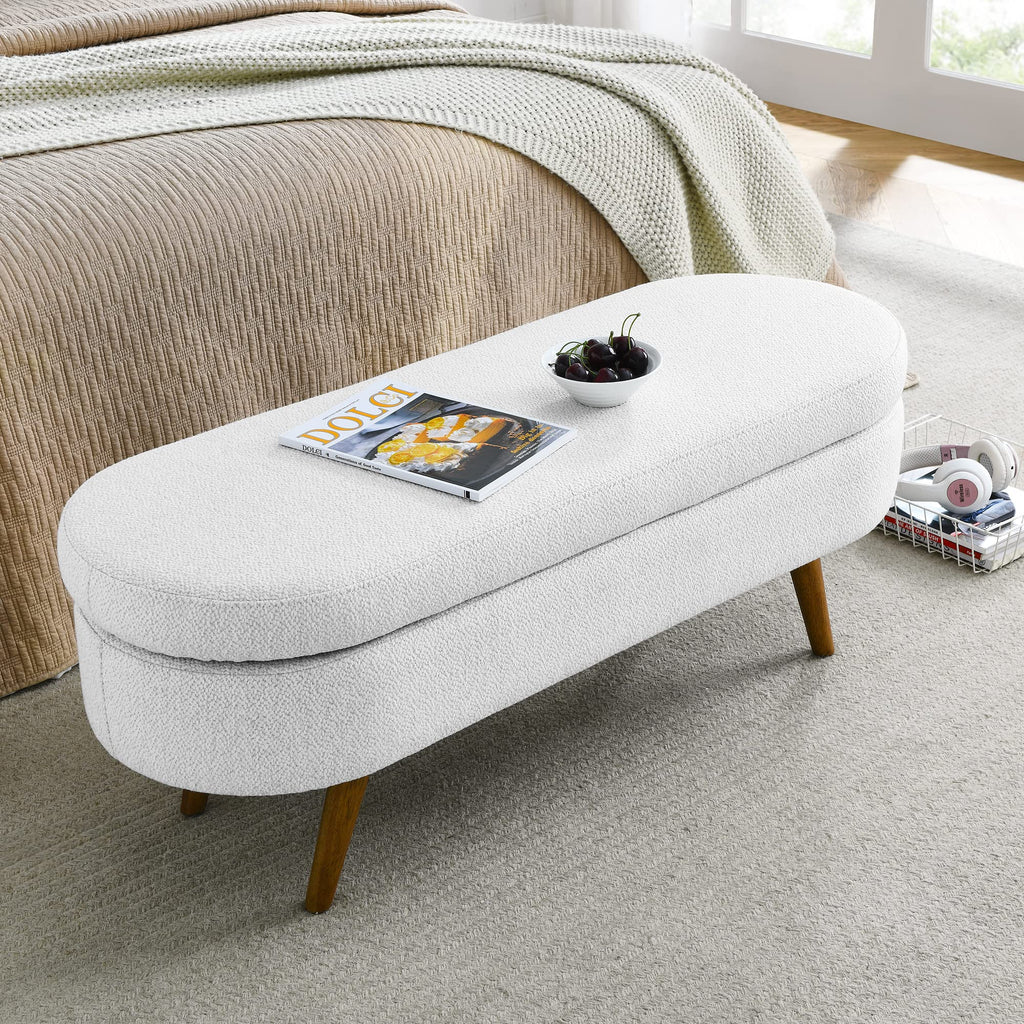 White Oval Storage Bench with Rubber Wood Legs A592336